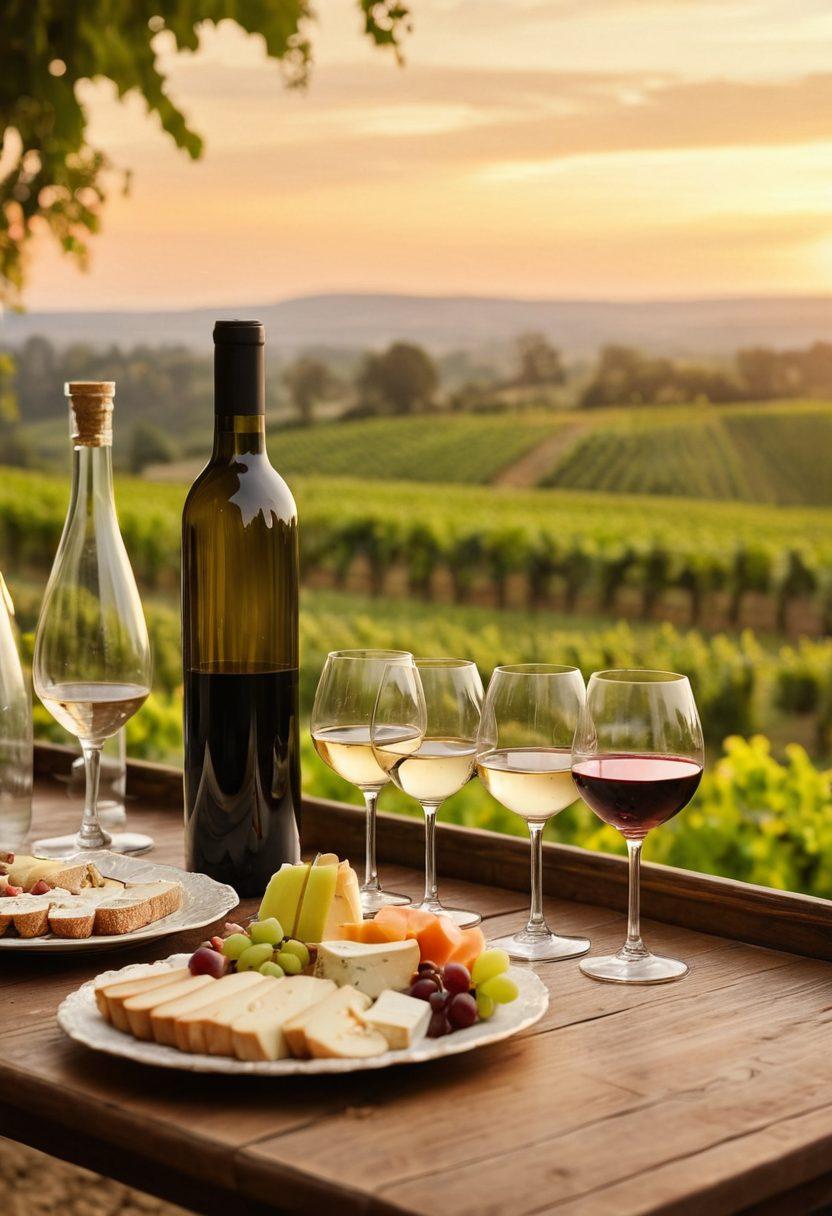 A beautifully arranged table set for a vintage wine tasting, with an assortment of aged wine bottles, elegant crystal glasses glistening in soft candlelight, and a background of lush vineyards during sunset. Include subtle hints of cheese and fruit pairings, creating a warm, inviting atmosphere that embodies celebration and nostalgia. vintage style. warm tones. soft focus.