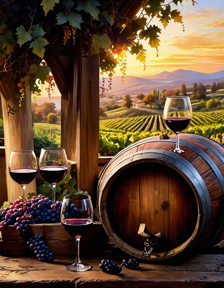 A scenic vineyard at sunset, with lush grapevines extending into the distance. In the foreground, a rustic wooden barrel spills a glass of rich red wine, capturing the essence of winemaking. Delicate wine glasses are elegantly arranged around the barrel, reflecting warm light. Soft, nostalgic memories of laughter and toasting friends float in the background. impressionist painting. warm tones. atmospheric.