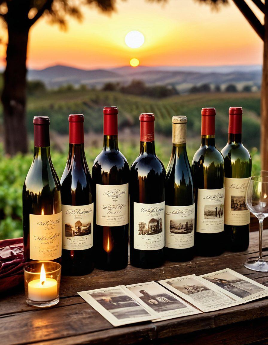 A rustic wooden table adorned with an array of vintage wine bottles, their labels faded yet charming. Surrounding the bottles are delicate, flickering candles casting a warm glow. Symbolic elements like old photographs and wine glasses filled with rich, red liquid reflect on the table, invoking memories of past celebrations. The background features soft, blurred vineyard hills under a golden sunset. vintage-style, romantic, warm tones, soft focus.